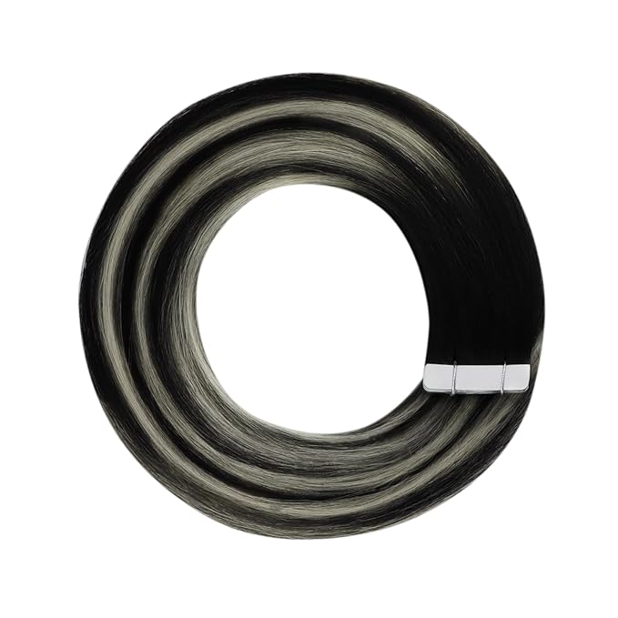 YoungSee Tape in Hair Extensions Human Hair Ombre Seamless Tape in Hair Extensions Human Hair Black Ombre Silver with Black Roots Human Hair Tape ins Reusable 18In 50g 20pcs