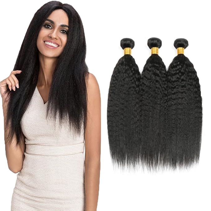#1B Human Hair Bundles Yaki Straight Bundles 28 30 32 Inch Unprocessed Brazilian Virgin Hair Weave 3 Bundle Natural Color 50 Grams Per Bundle Kinky Straight Human Hair Extensions