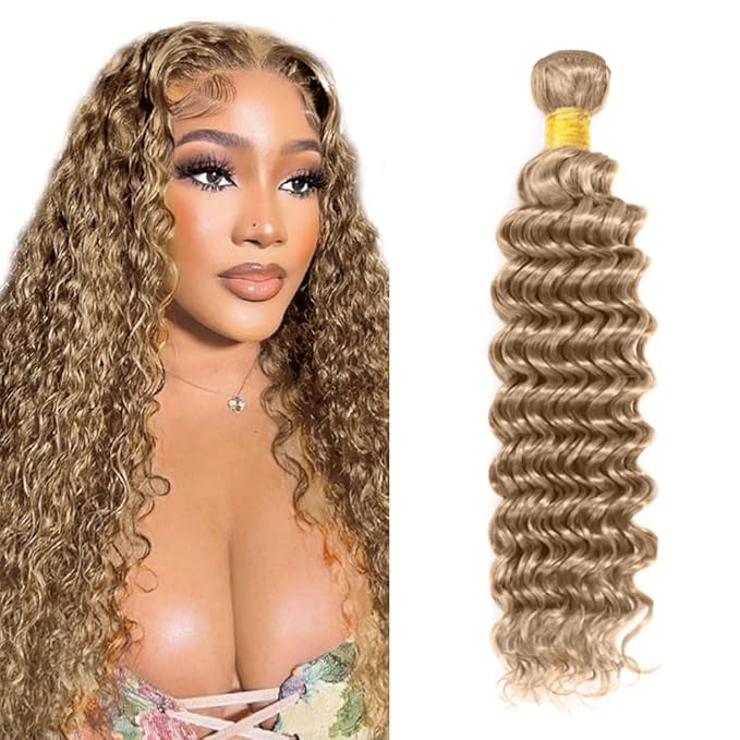#22 Blonde Bundles Human Hair Deep Wave Bundles 28 Inch Human Hair Weave 1 Bundle Unprocessed Brazilian Virgin Hair Ash Blonde Deep Wave Human Hair Extensions 50 Grams/Bundle