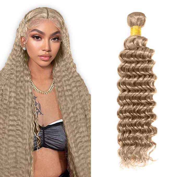 #22 Blonde Bundles Human Hair Deep Wave Bundles 18 Inch Human Hair Weave 1 Bundle Unprocessed Brazilian Virgin Hair Ash Blonde Deep Wave Human Hair Extensions 50 Grams/Bundle