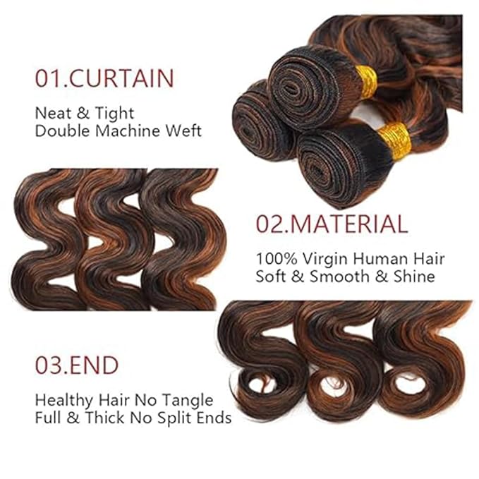 P1B30 Highlight Body Wave Bundles Black Mixed With Light Brown Body Wave Bundles Brazilian Wavy Weave With Soft and Silky for Women 12 12 12 Inch
