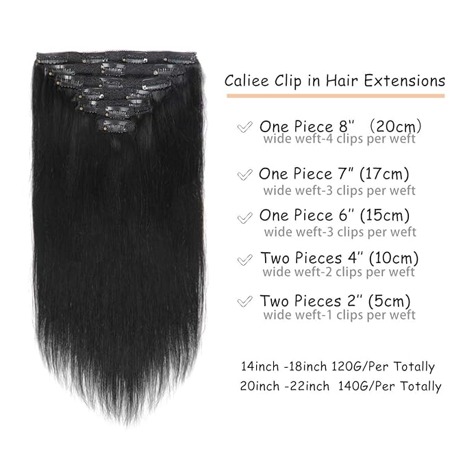 Caliee 22 Inch Clip in Hair Extensions Human Hair Jet Black Real Hair Extensions Clip in Human Hair Double Weft Lace Seamless Natural Silky Thick 140 Gram 7 PCS for Full Head