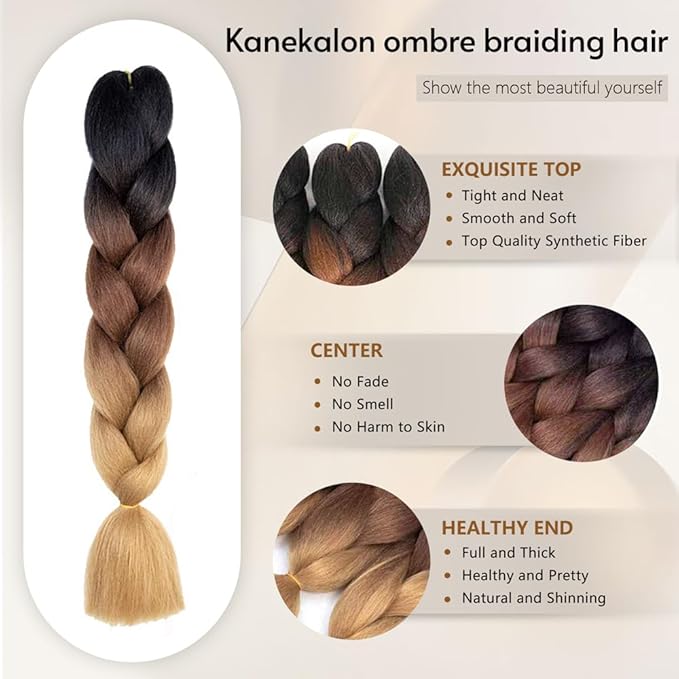 6 Packs Ombre Jumbo Braiding Hair Extensions 24 Inch High Temperature Synthetic Fiber Hair Extensions for Box Braids Braiding Hair (Orange)