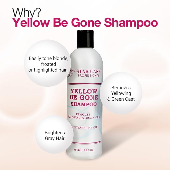 Yellow Be Gone Shampoo 12oz/354ml (2 Pack) Clarifying Brassiness Neutralizer for Bleached, Blonde, Gray & Highlighted Hair, Restores Shine & Cool Tones, Purple Toning Formula