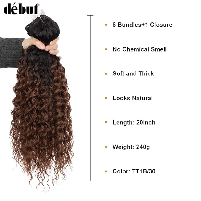 DÉBUT Water Wave 8 Bundles with Simple Closure Wavy Synthetic High Temperature Fiber Hair Weave 9PCS 20 Inch 240g (TT1B/30: Dark Roots Mixed Brown Color)