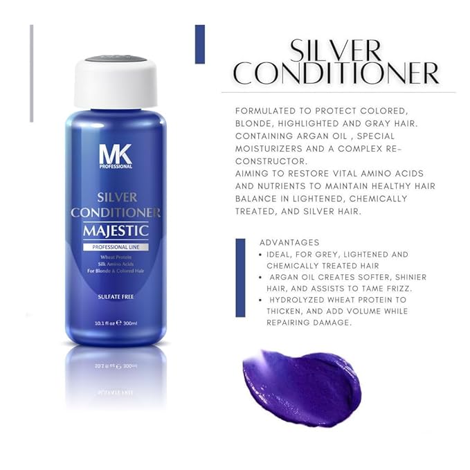 MK PROFESSIONAL Sulphate Free Silver Conditioner, Infused with Wheat Protein & Silk Amino Acids - For Blonde & Colored Hair, Repairs, Strengthens & Nourishes all Hair Types - 10.1 Fl Oz (300ml)