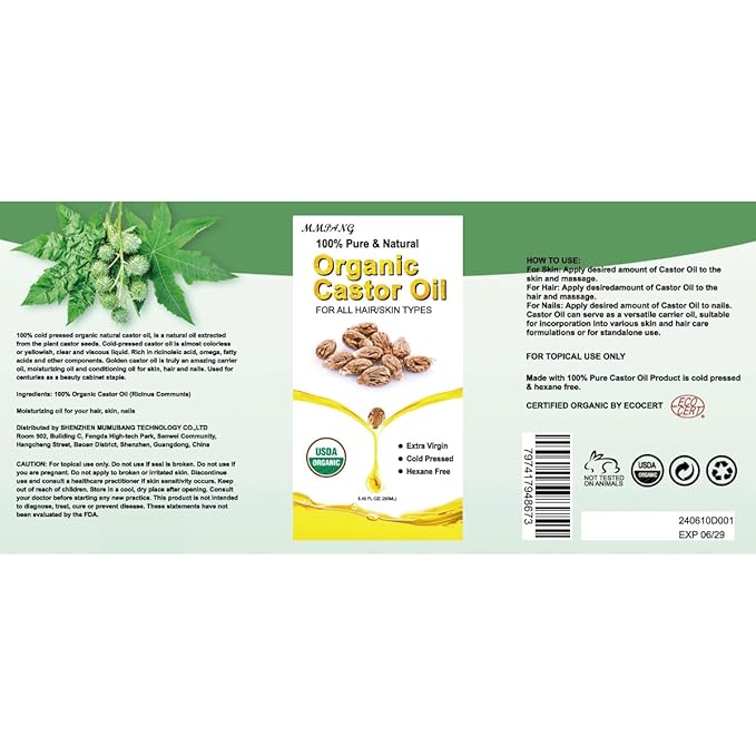 Organic Castor Oil (8.45oz Glass bottle) USDA Certified 100% Pure Natural, Cold Pressed, Hexane Free. Castor Oil for Hair Growth, Thicker Lashes & Fuller Brows
