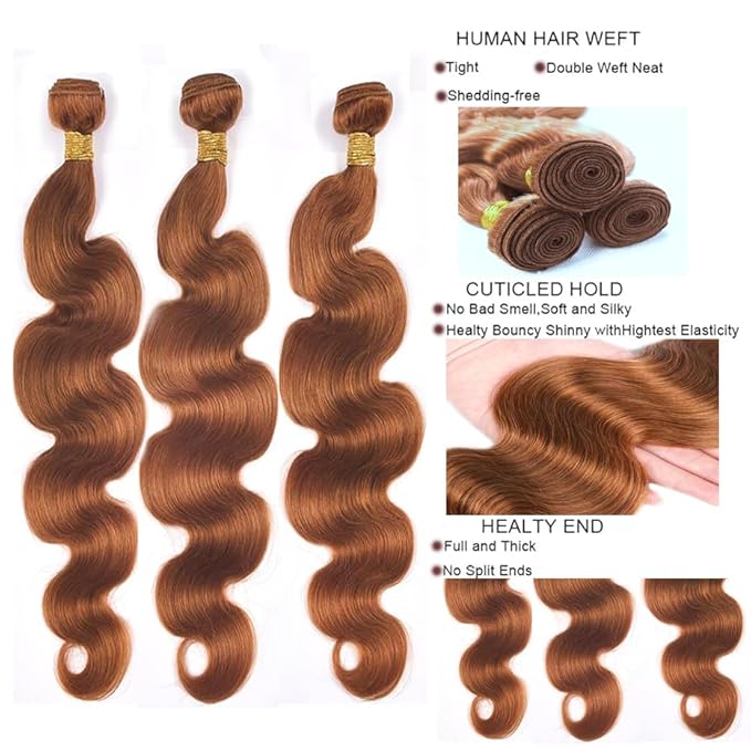 Brazilian Remy Human Hair Extensions - 30 Inch Brown Body Wave Bundles - Silky Soft, Unprocessed, Light Brown