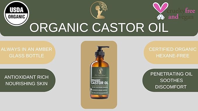 Four Leaf Naturals Organic Unrefined Castor Oil - 8 oz | USDA Certified | Cold-Pressed | Hexane-Free | For Hair, Skin & Digestion
