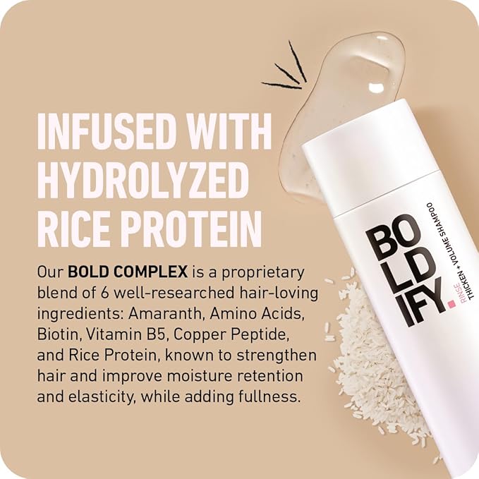 BOLDIFY Thickening Shampoo - Rice Water for Thinning and Oily Hair - Volumizing Shampoo for Fine Hair, Weightlessly Removes Excess Oil - 8oz