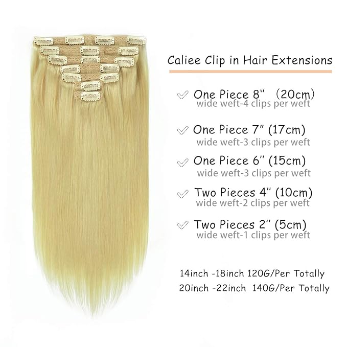 Caliee Hair Extensions Human Hair Bleach Blonde Color Silky Straight Clip in Extensions Invisible Double Weft for Women Full Head Seamless Hair Extensions 120g 16inch
