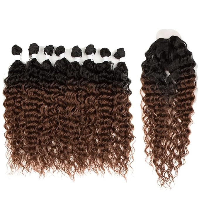 DÉBUT Water Wave 8 Bundles with Simple Closure Wavy Synthetic High Temperature Fiber Hair Weave 9PCS 20 Inch 240g (TT1B/30: Dark Roots Mixed Brown Color)