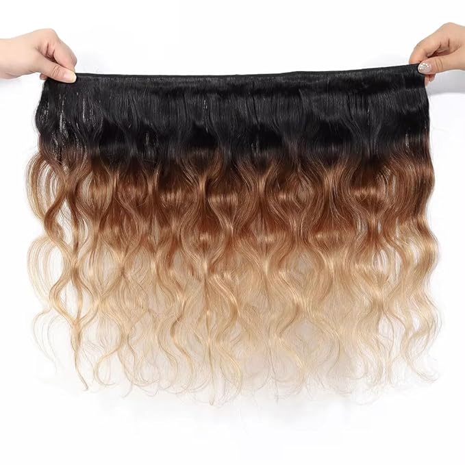 T1B/4/27 Body Wave Bundle Ombre Human Hair Bundles Niegmeag Brazilian Virgin Remy Hair 3 Bundles 18 20 22 Inch 3 Tone Brown and Blonde Body Wave Bundle