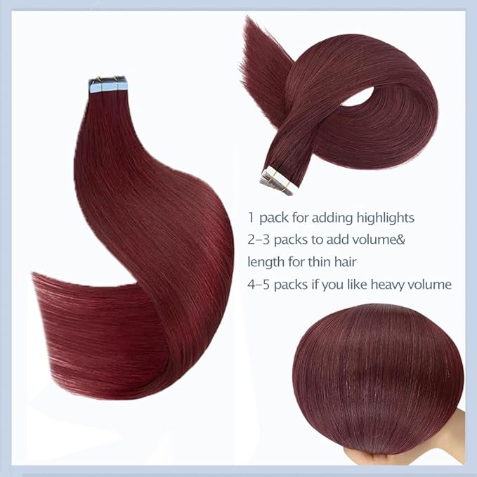 Tape In Hair Extensions 24 Inch HuxoWax 99J Straight Hair Extensions Double Weft Invisible Burgundy VirgIn Soft And Silky Remy Hair