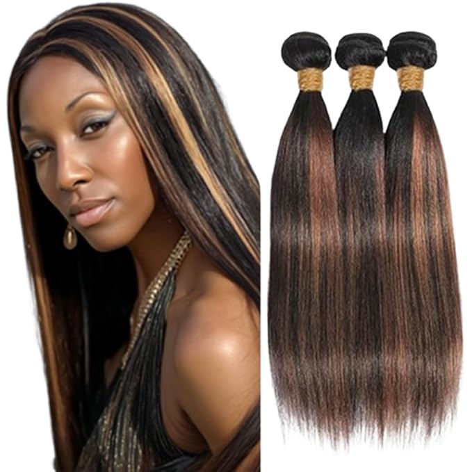 P1B30 Human Hair Bundles Straight Bundles Human Hair Black and Brown With Highlights Brazilian Weave Soft and Silky for Women 28 28 28 Inch