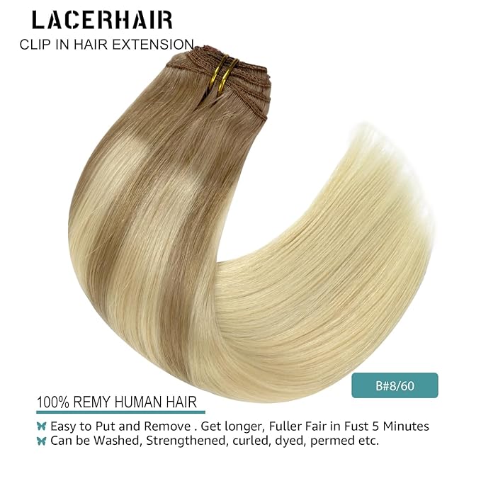 Lacer Balayage Clip in Hair Extensions B#8/60 Light Brown Fading to Platinum Blonde Color Remy Human Hair Extensions Clip in Real Natural Hair Extensions Straight Thick 140g 22 Inch
