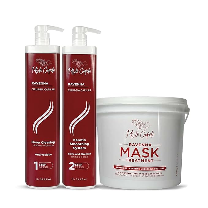 Ravenna Cirugia Capillar Kit - Shampoo + Hair Surgery System (1 Kg/35.2 fl oz) Formaldehyde-Free + Hair Mask for Damaged Hair (1,5 Kg/52.9 fl oz) - Straightening & Moisture for All Hair Types (3 Pack)