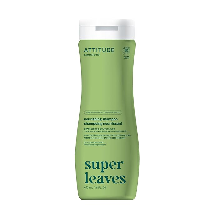 ATTITUDE Nourishing Hair Shampoo, EWG Verified, For Dry and Damaged Hair, Naturally Derived Ingredients, Vegan and Plant Based, Grapeseed Oil and Olive Leaves, 16 Fl Oz