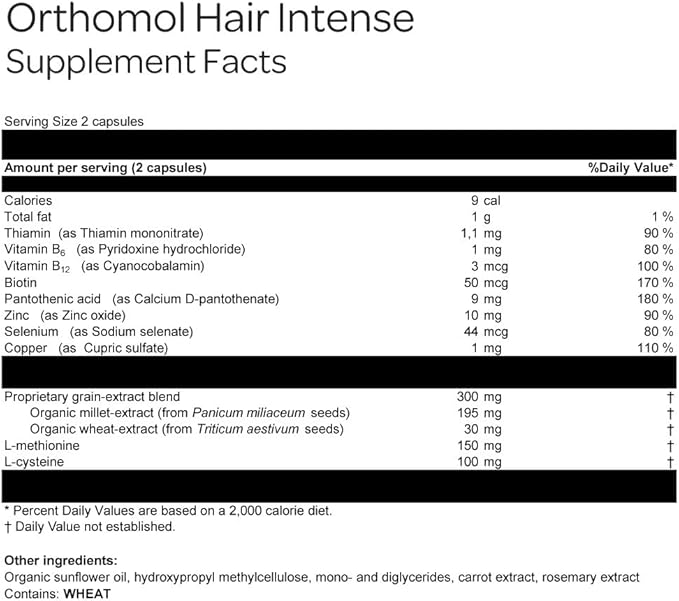 Orthomol Hair Intense, Micronutrients for Healthy Hair, Biotin, Vitamin B6, B12, Zinc, Selenium, Copper, Thiamin, L-methionine, L-cysteine, Pantothenic Acid, Capsules, 30-Day Supply
