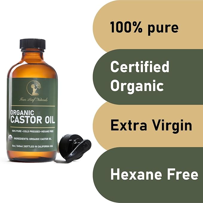 Four Leaf Naturals Organic Unrefined Castor Oil - 8 oz | USDA Certified | Cold-Pressed | Hexane-Free | For Hair, Skin & Digestion