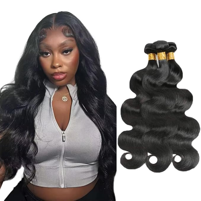 28 30 32 Inch Color 1B Human Hair Bundles Natural Black Body Wave Bundle Double Weft Color 1B Body Wave Bundles Niegmeag Virgin Soft and Silky Remy Hair Extensions