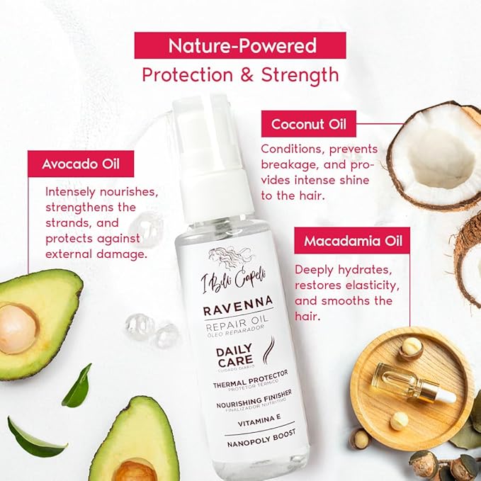 Ravenna Hair Oil for Frizzy Hair – Split End Repair, Heat Protection & Deep Hydration – Macadamia, Avocado & Coconut Oil for Damaged, Dry & All Hair Types (60ml/2.02 Fl Oz)