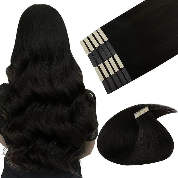 MAXITA Tape in Hair Extensions Real Human Hair, Seamless Tape in Hair Extensions Human Hair Remy Natural Long Straight Hair Real Human Hair Extensions for Women, 50g Tea Black 14 Inch 20pcs