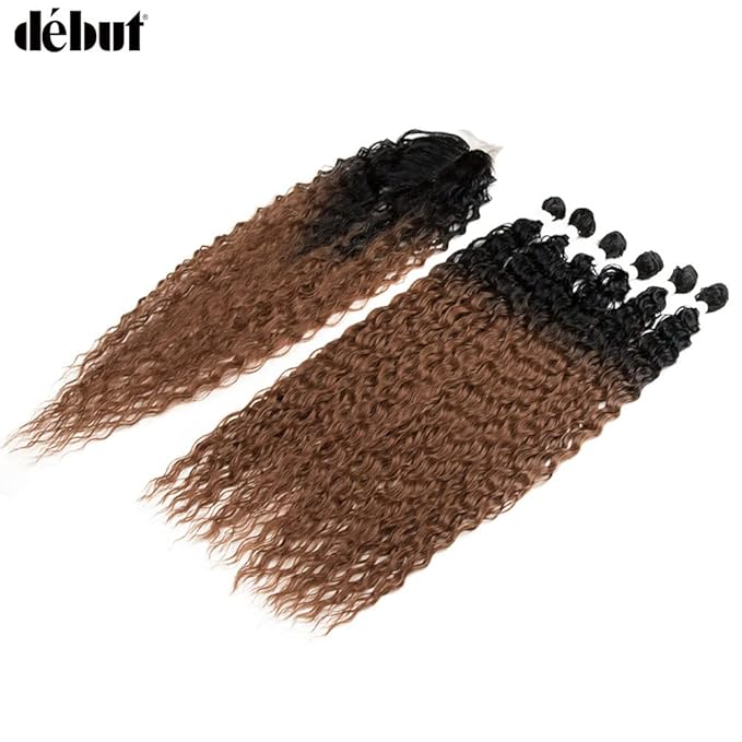 DÉBUT 30 Inch Synthetic Hair Bundles Water Wave 6 Bundles with Closure High Temperature Weaving Hair Extensions 290g for Full Head Heat Resistant Deep Curly Hair 7PCS TT1B/30 Dark Roots with Brown