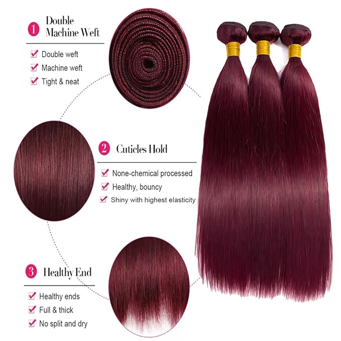 Wine Red Burgundy Straight Bundles Color 99j Burgundy Human Hair Straight Bundles 12 14 16 Inch Double Weft Brazilian Hair Extensions Soft and Silky for Women