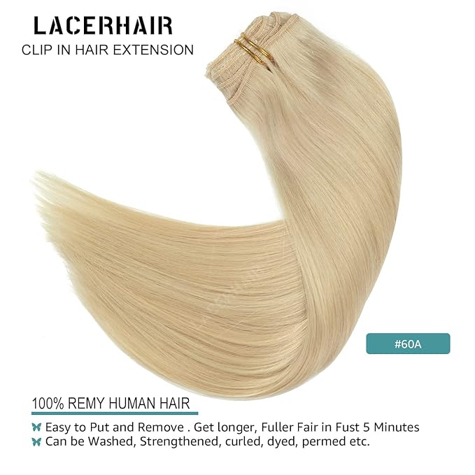 Lacer Hair Extensions 20 Inch Clip in Human Hair LacerHair Thick Lace Clip in Hair Extensions 7pcs Remy Human Hair Platinum Blond Silky Invisible PU Weft 140g