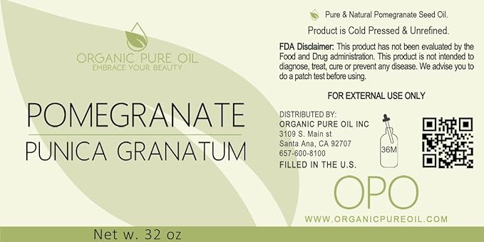 organic pure oil Pomegranate Seed Oil Pure and Organic Sourced From Seed Unrefined, Extra Virgin, Cold pressed 32 OZ for Skin Face Hair Nails Cuticles By Organic Pure Oil