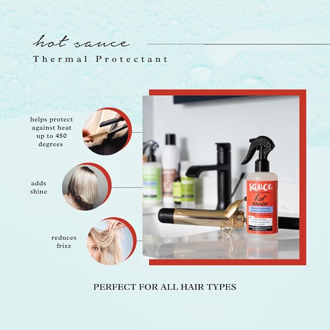 SAUCE BEAUTY Hair Heat Protectant Spray (8 Fl Oz) Hot Sauce Thermal Protectant Spray with Argan Oil, Aloe & Cayenne, Anti Frizz & Adds Shine, Blow Dry & Flat Iron Hair Spray for All Hair Types