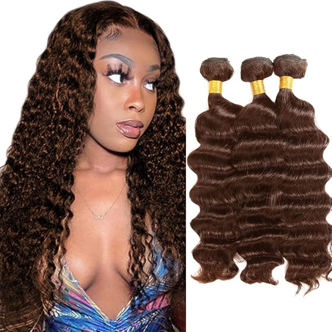 #4 Brown Bundles Human Hair Deep Wave Bundles 16 18 20 Inch Human Hair Weave 3 Bundle Unprocessed Brazilian Virgin Hair Chocolate Deep Wave Human Hair Extensions 50 Grams/Bundle