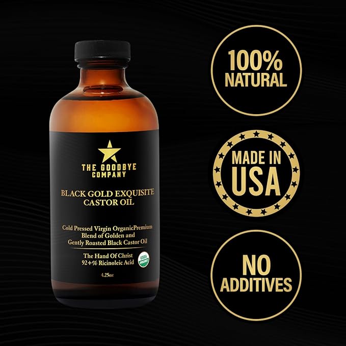 The Goodbye Company Black & Gold Castor Oil Blend – USDA Organic, Cold-Pressed & Unrefined – Pure Hexane-Free Oil for Hair, Skin, Body, Eyelashes & Eyebrows