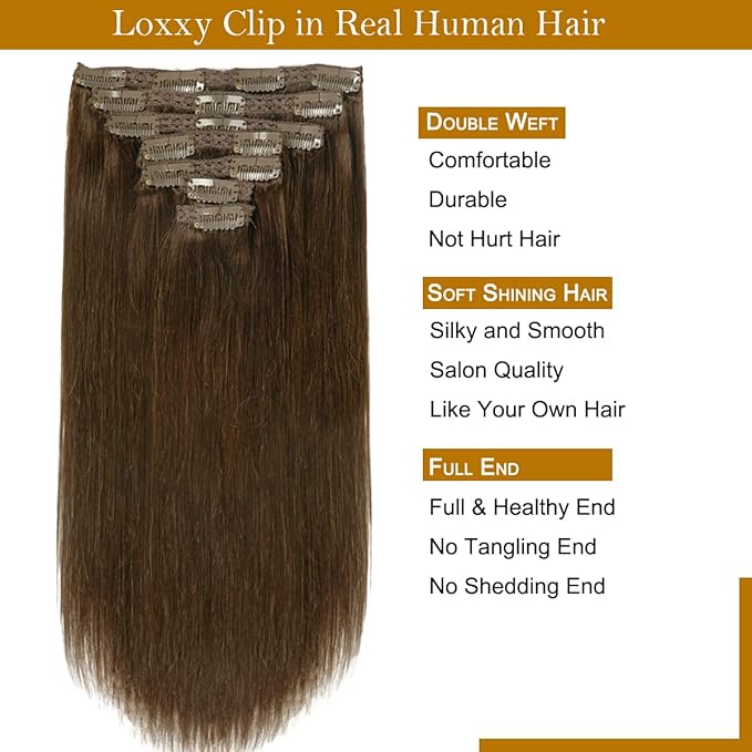 Loxxy Human Hair Extensions Clip in Chocolate Brown Real Human Hair Extensions 120g 7 Pieces Silky Straight Weft Full Head Clip in Remy Human Hair #4 14 Inch