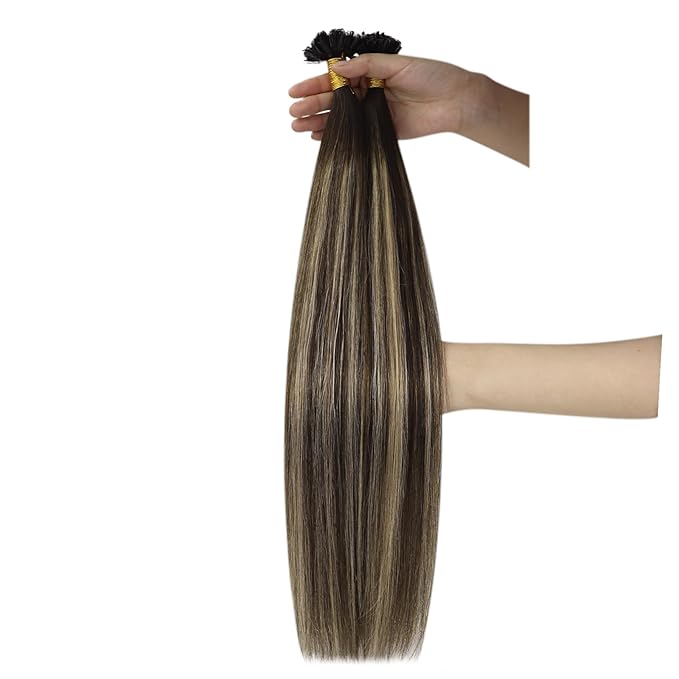 YoungSee Ombre Utip Hair Extensions Balayage Brown Ombre Blonde U Tip Extensions Ombre Utip Remy Human Hair Extensions Brown K Tip Hair Extensions Real Human Hair for Women 18In 50s/50g Silky Straight