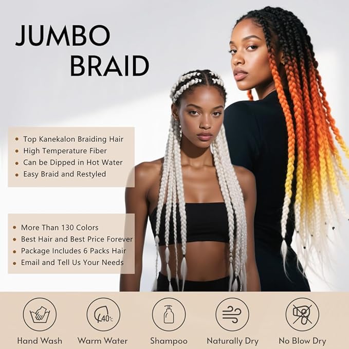 6 Packs Ombre Jumbo Braiding Hair Extensions 24 Inch High Temperature Synthetic Fiber Hair Extensions for Box Braids Braiding Hair (Orange)