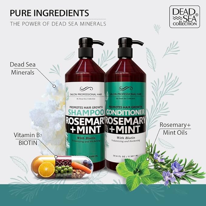 Dead Sea Collection Shampoo and Conditioner Set for Strengthening and Volume - Pure Dead Sea Minerals, Rosemary and Mint – Hair Care - Nutrition, Repair and Shine - Pack of 2 (33.8 & 30.6 Fl. Oz)