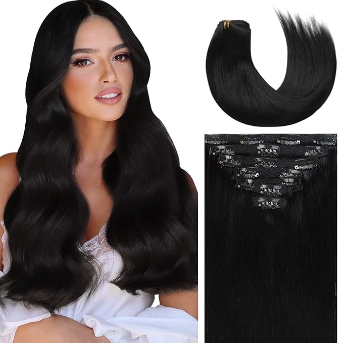 Lacer Hair Extensions Clip in Human Hair Jet Black #1 120g 7pcs Per Set Silky Straight 100% Clip in Hair Extensions Remy Human Hair 14 Inch