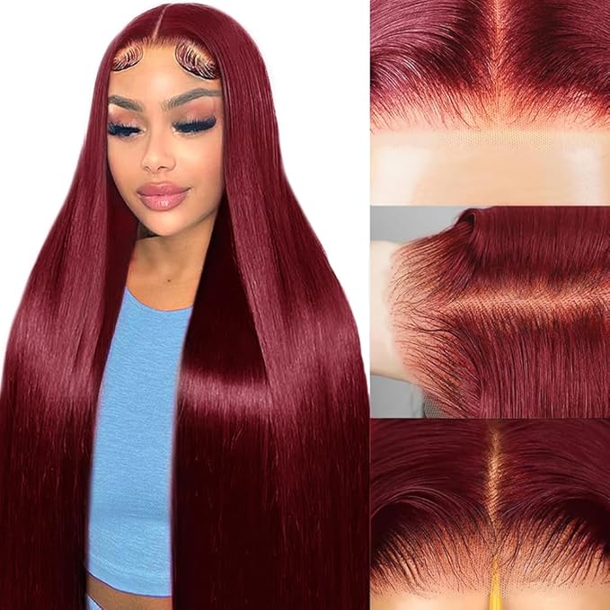 99j Burgundy Lace Front Wigs Human Hair Pre Plucked 9x6 HD Lace Red Wig Human Hair Wear And Go Glueless Wigs 220 Density Red Straight Wig for Women with Baby Hair 26Inch