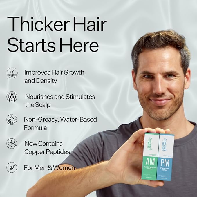 Peptide & Stem Cell Hair Growth Serum, AM & PM Bundle – Formula with Apple Stem Cells for Thicker, Stronger Hair – Stem Cell Scalp Serum for Hair Growth and Nourishment for Men & Women