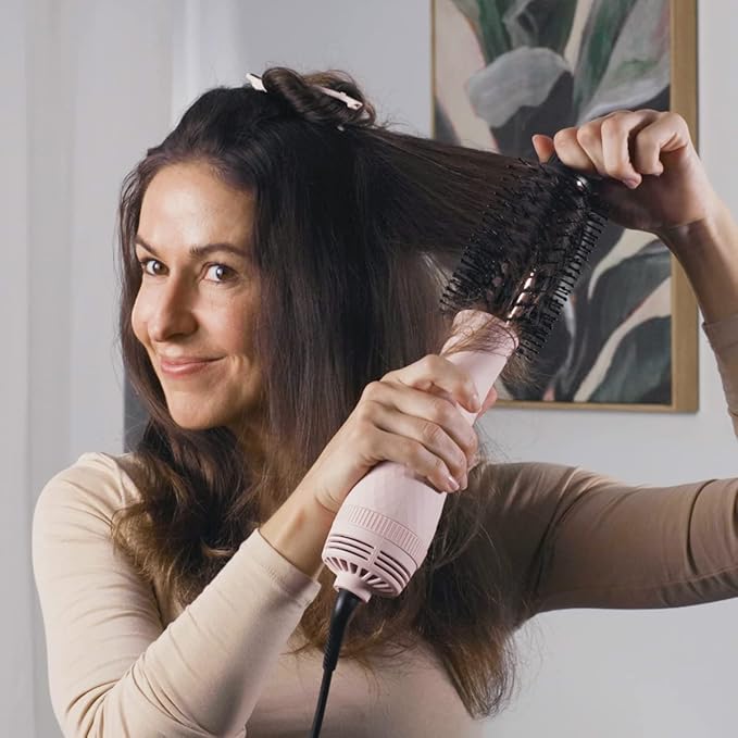 L'ANGE HAIR Le Volume 2-in-1 Titanium Blow Dryer Brush | Hot Air Brush for Hair Drying & Styling | Ionic Oval Barrel for Smooth, Frizz-Free Volume | (Blush – 75mm)
