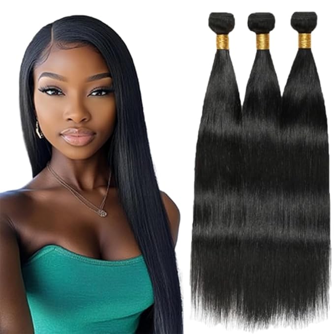 #1B Straight Human Hair Bundles 20 22 24 Inch Brazilian Remy Human Hair Bundles Weave Extensions Soft and Silky for Women