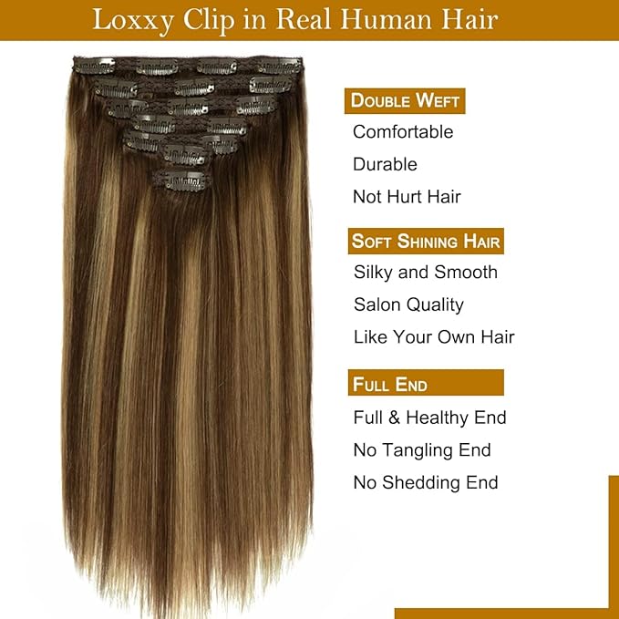 Loxxy New Version Thickened Double Weft Remy Human Hair Chocolate Brown to Caramel Blonde Thick Silky Straight 22 Inch Clip in Human Hair Extensions Clip in Thick Silky Straight Hair 140g