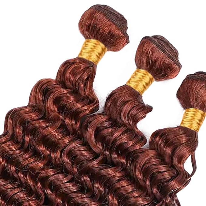 Reddish Brown Human Hair Bundles Color 33 Deep Wave Bundle Mixed Length 24 26 28 Inch Double Weft Unprocessed Brazilian Virgin Remy Hair Copper Red Deep Curly Bundles Silky and Soft