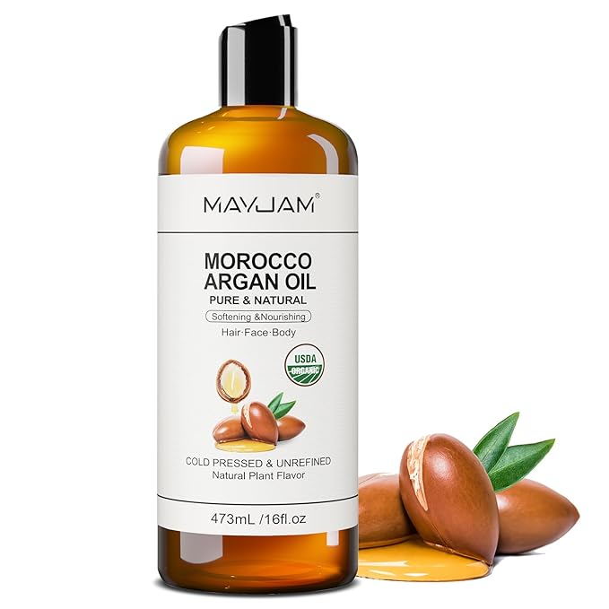 Organic Moroccan Argan Oil 16 Fl Oz, USDA Certified 100% Pure & Natural Carrier Oil For Dry, Damaged Skin, Hair, Face, Body & Scalp Moisturing, Massage Oils for Essential Oils Mixing (473ml)