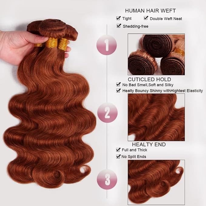 30 32 34 Inch Copper Red Human Hair Bundles Auburn Body Wave Bundles Huxowax Virgin Soft And Silky Remy Hair Extensions Color 33 Body Wave Bundle 300g