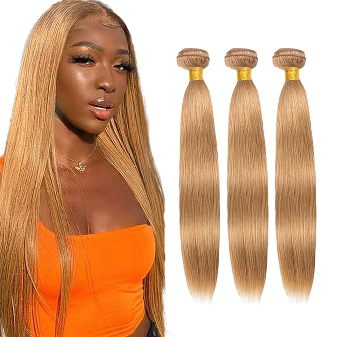 #27 Blonde Bundles Human Hair Straight Bundles 28 30 32 Inch Unprocessed Brazilian Virgin Hair Weave 3 Bundle Honey Blonde Human Hair Extensions 50 Grams Per Bundle
