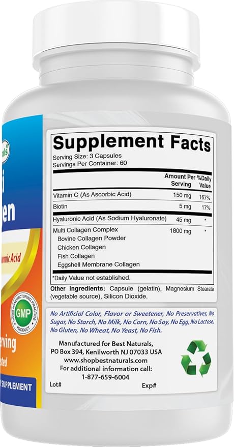 Best Naturals Multi Collagen Pills 2000mg for Women & Men - Hydrolyzed Collagen Peptides Capsules for Hair Skin and Nails with Types I II III V X, Biotin, Hyaluronic Acid & Vitamin C