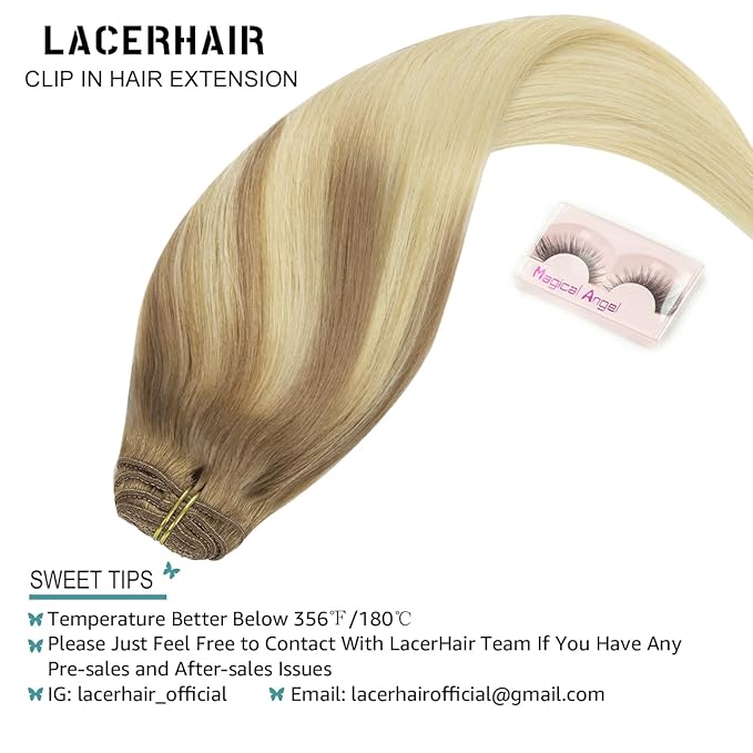 Lacer Balayage Clip in Hair Extensions B#8/60 Light Brown Fading to Platinum Blonde Color Remy Human Hair Extensions Clip in Real Natural Hair Extensions Straight Thick 140g 22 Inch